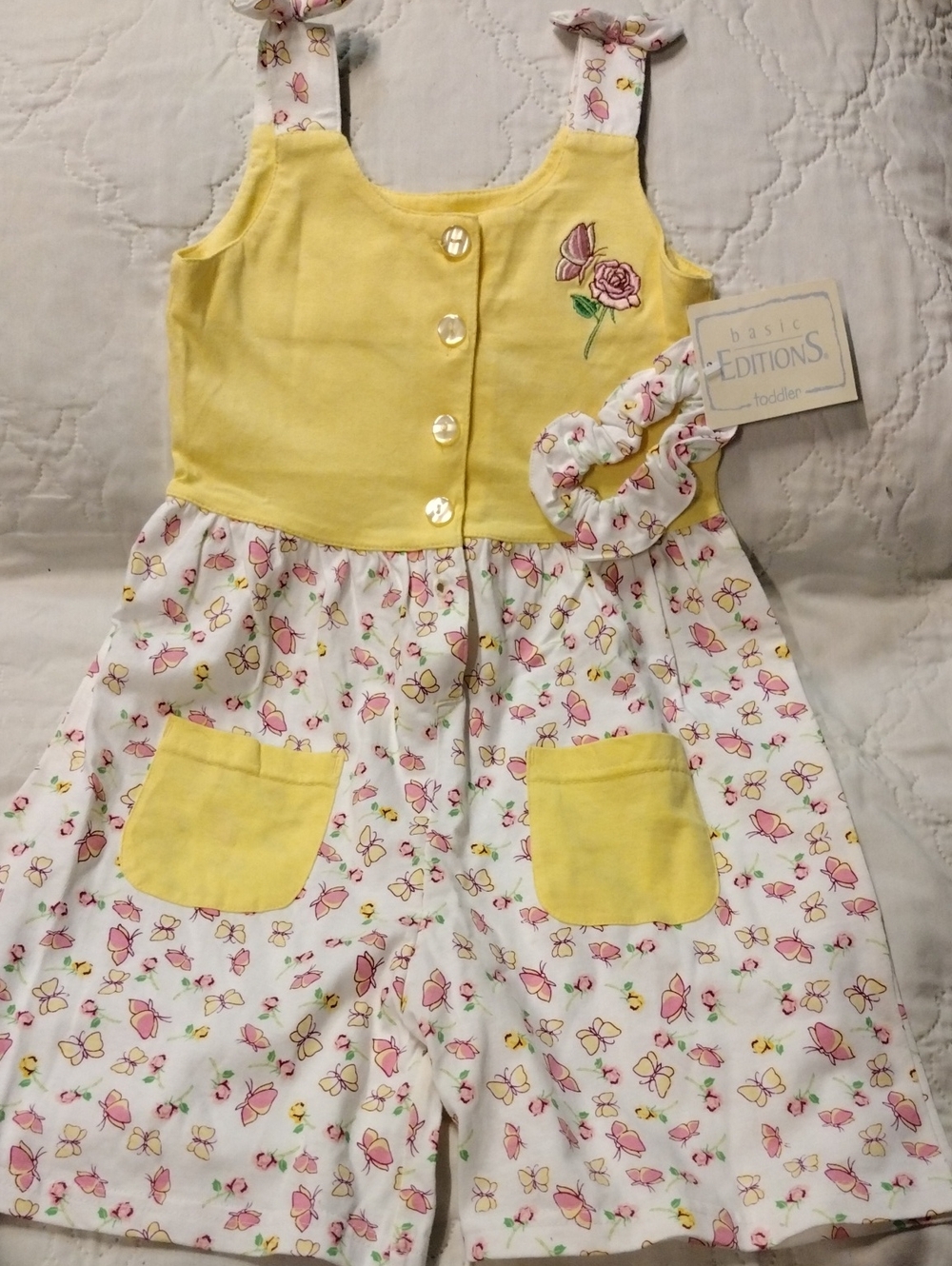 Basic Editions Yellow and Pink Floral Toddler Romper with Pockets